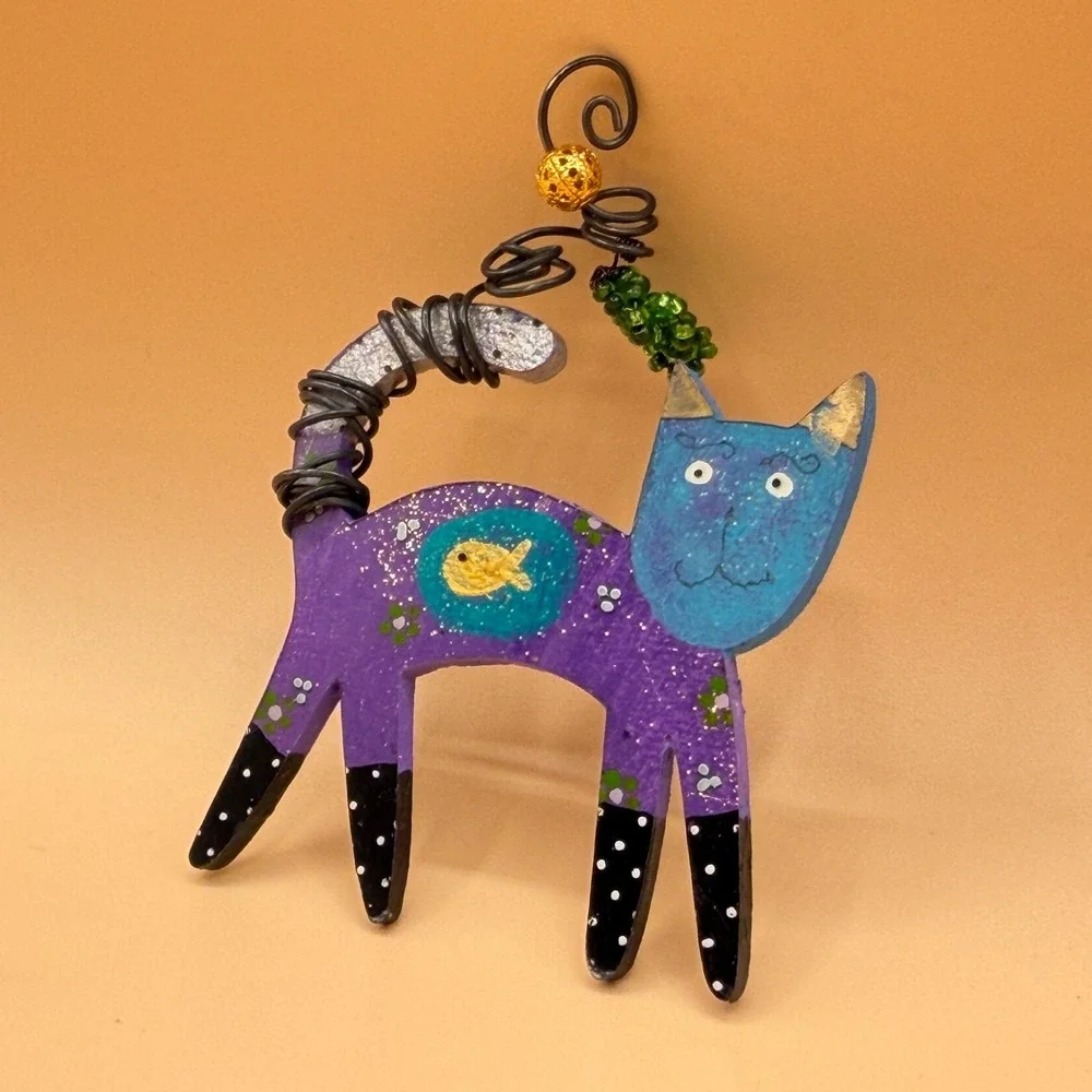 Whimsical Purple Blue Cat Brooch Pin Painted Wood Fish Wire Tail Folk Art Gift